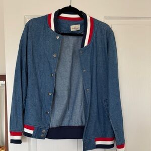 Marine Layer Blue Jean Jacket with Red and White Accents